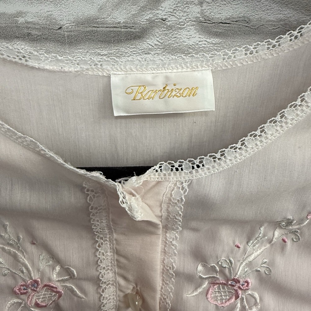 Vtg Barbizon Pink Lace Embroidered Long Sleeve Night Gown Babydoll‎ Sheer Sz M/L - Picture 3 of 16